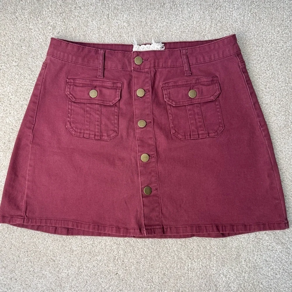 Altar’d State Burgundy Miniskirt Cotton Blend Front Patch Pockets Stretch Large